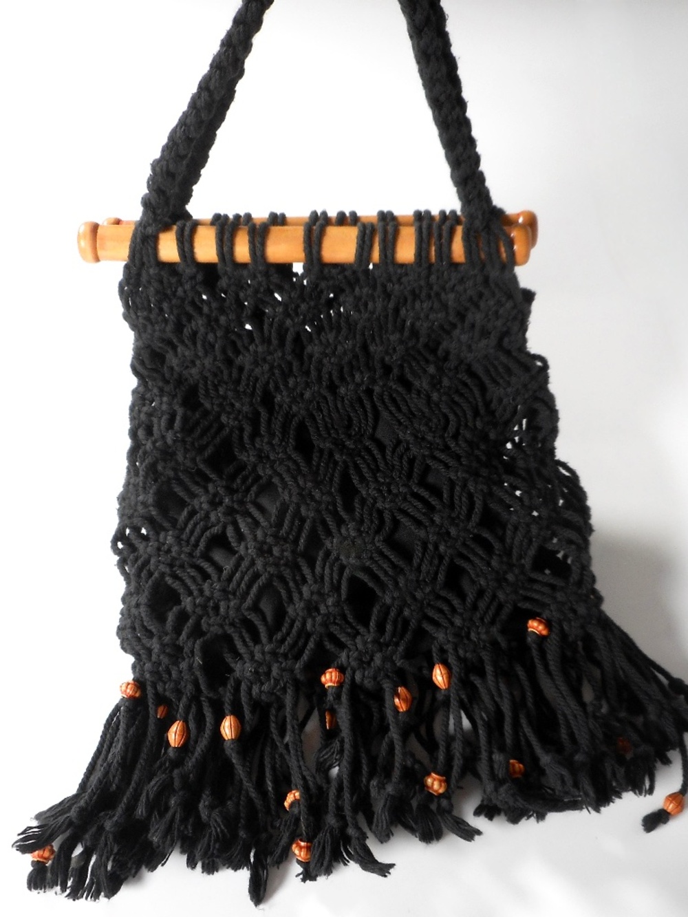 VTG Black Crochet Macrame Woven Open Hand Bag Wood Dowel Frame Fringe Beaded